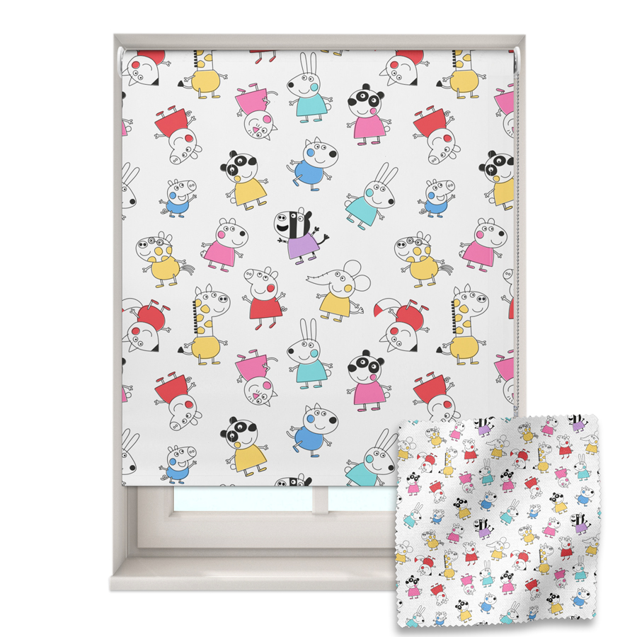 White Peppa & friends roller blind shown on a window