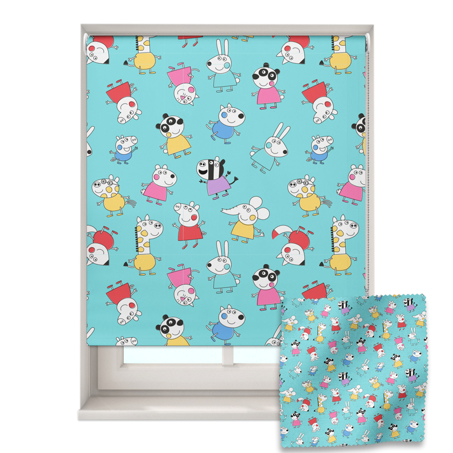 Blue Peppa & friends roller blind shown on a window