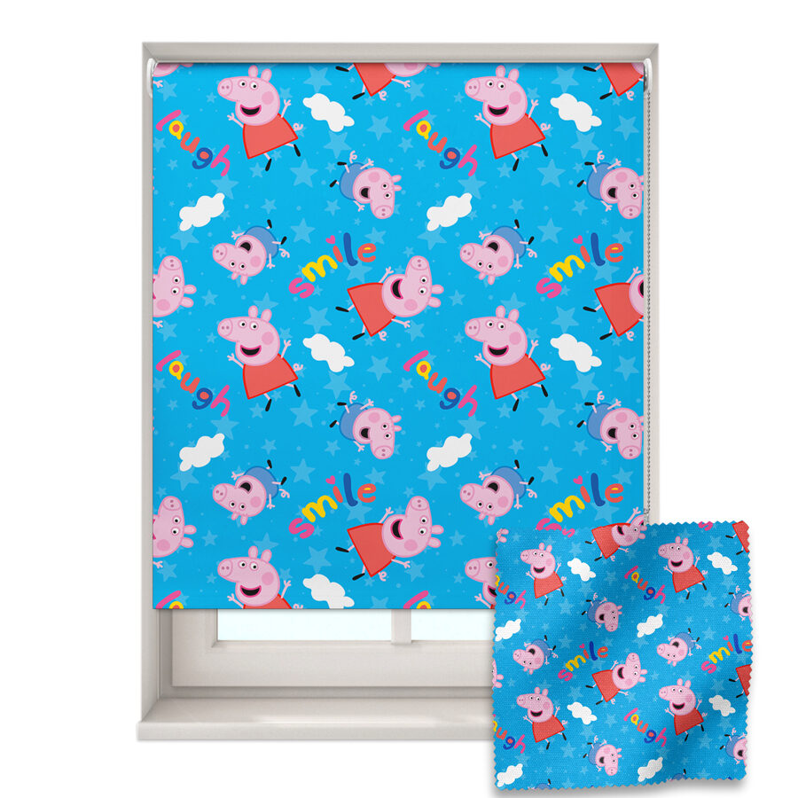 Laugh & smile Peppa roller blind shown on a window