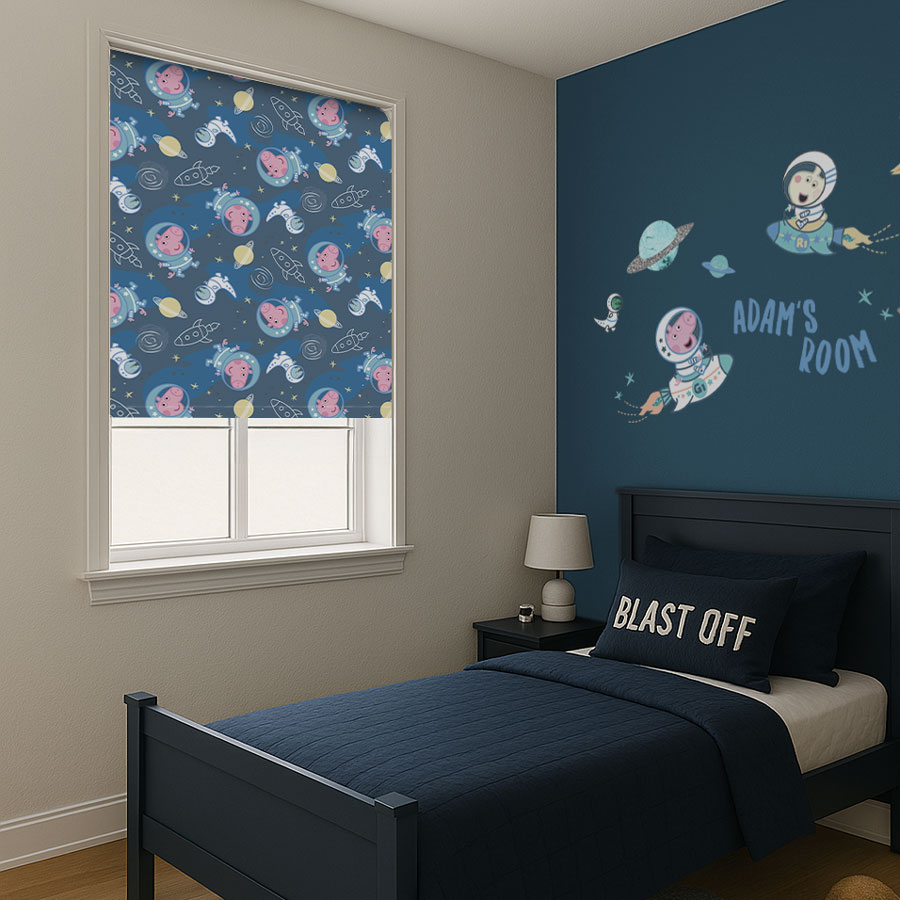 Peppa Pig themed roller blind featuring George in boy's bedroom with a blue colour scheme
