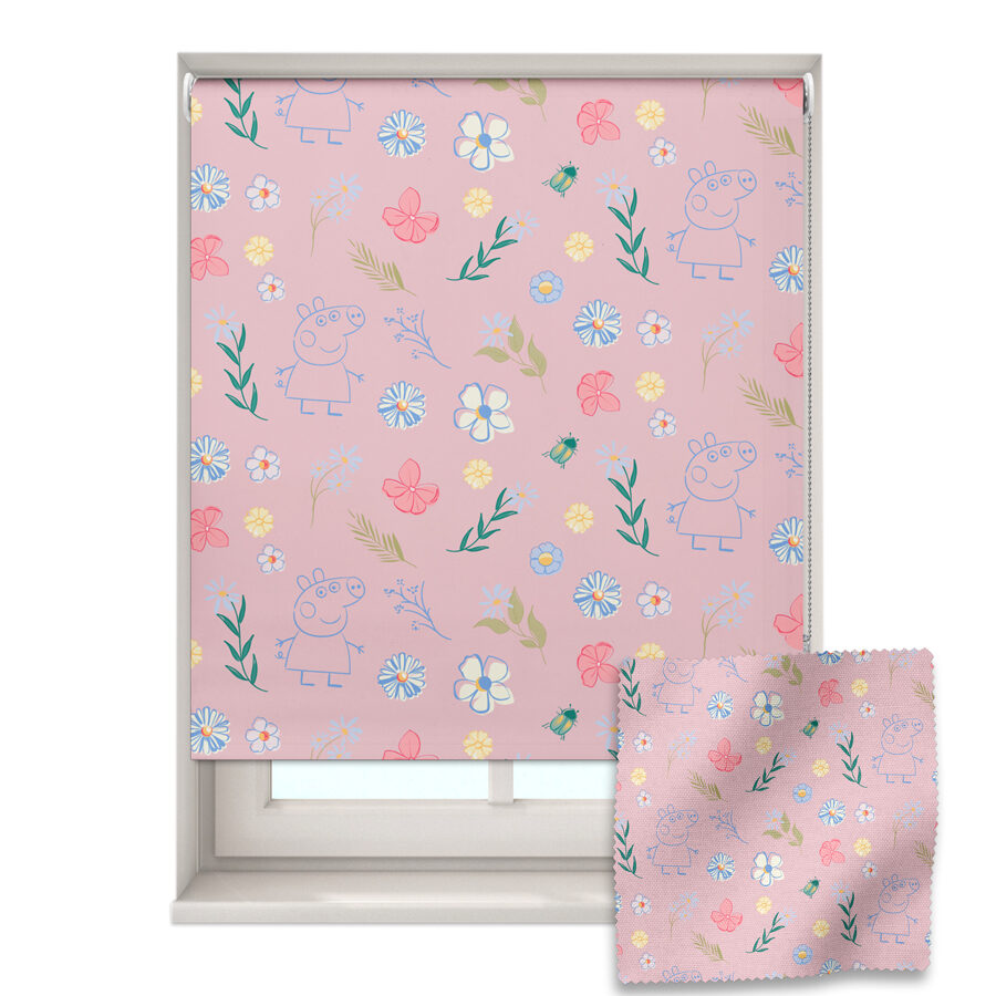Pink floral Peppa roller blind shown on a window