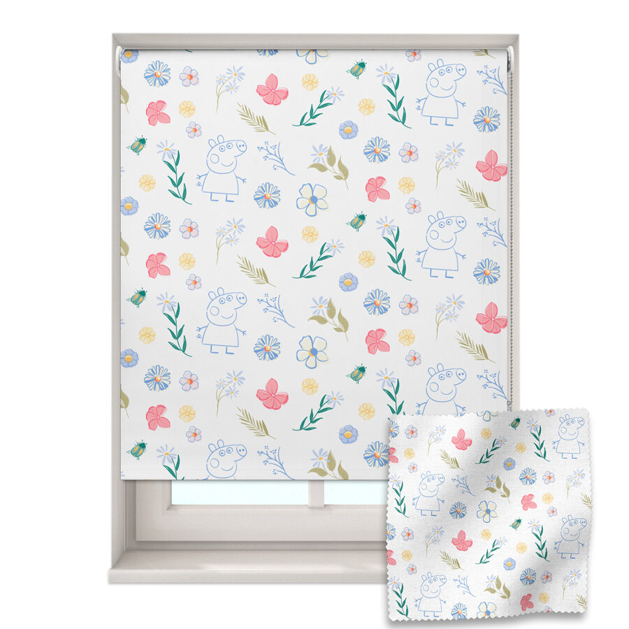 white floral Peppa roller blind shown on a window