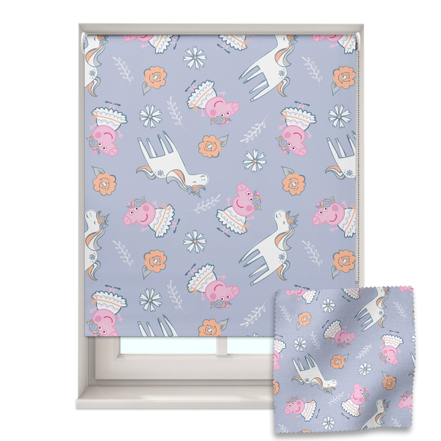 lilac Peppa & unicorns roller blind shown on a window