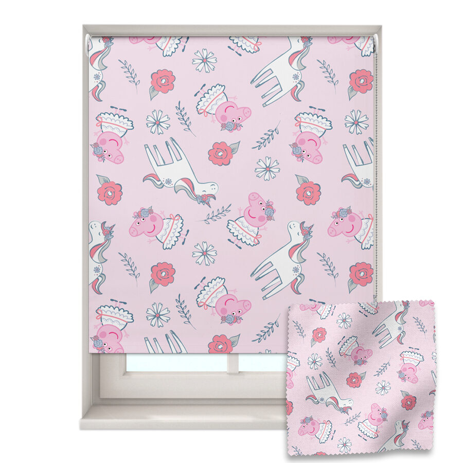 pink Peppa & unicorns roller blind shown on a window