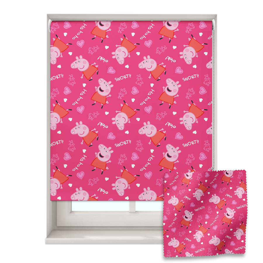 Pink Peppa Pig roller blind shown on a window