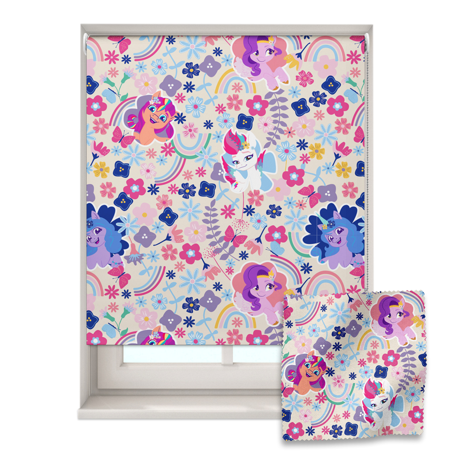 floral ponies roller blind shown on a window