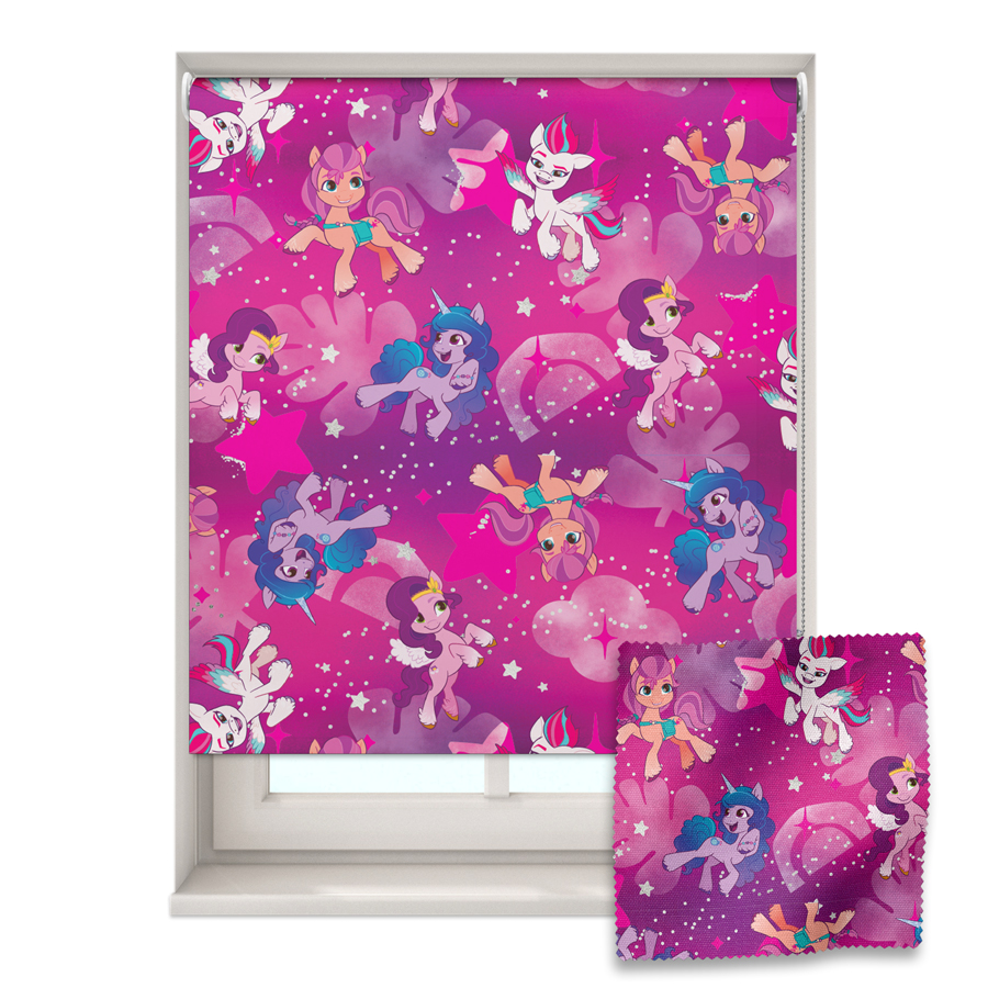 pink my little pony roller blind shown on a window