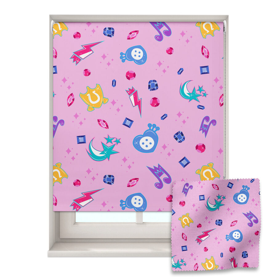 bright cutie marks roller blind shown on a window