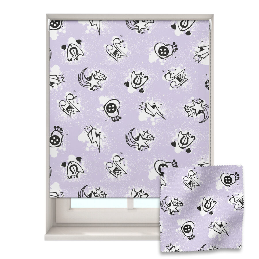 painted cutie marks roller blind shown on a window