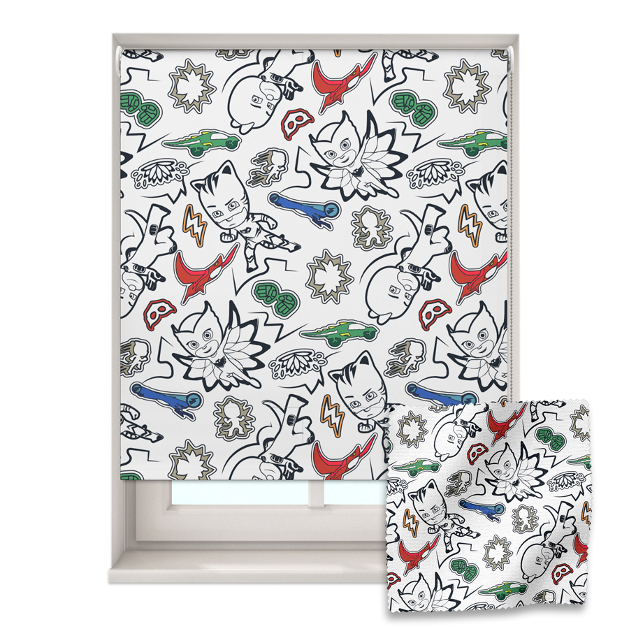 comic book pj masks roller blind shown on a window