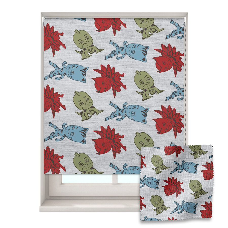 retro pj masks roller blind shown on a window