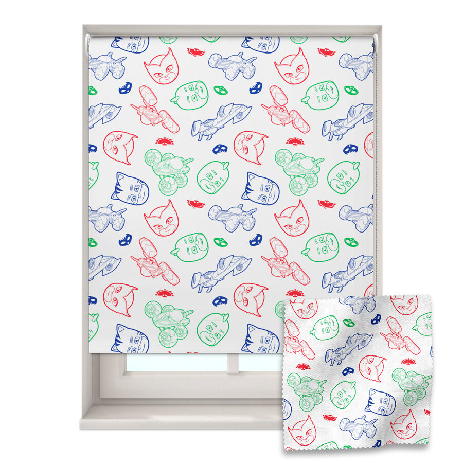 pj masks roller blind shown on a window