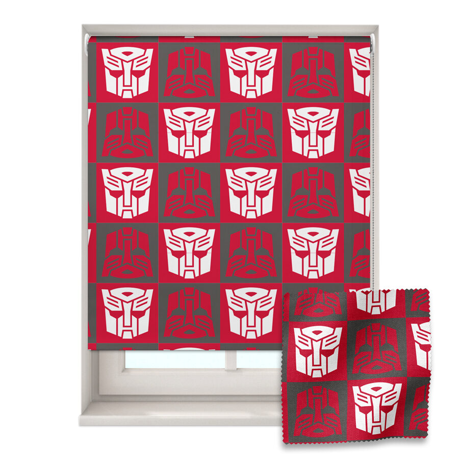 Red autobots roller blind shown on a window