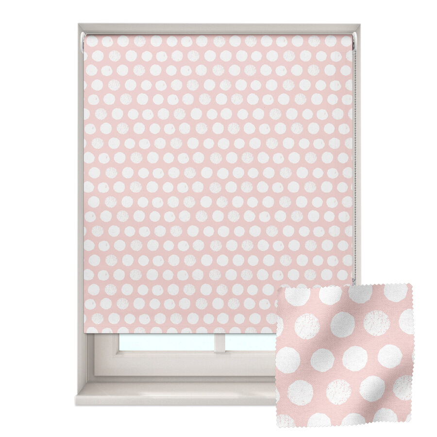 Pink spot roller blind shown on a window