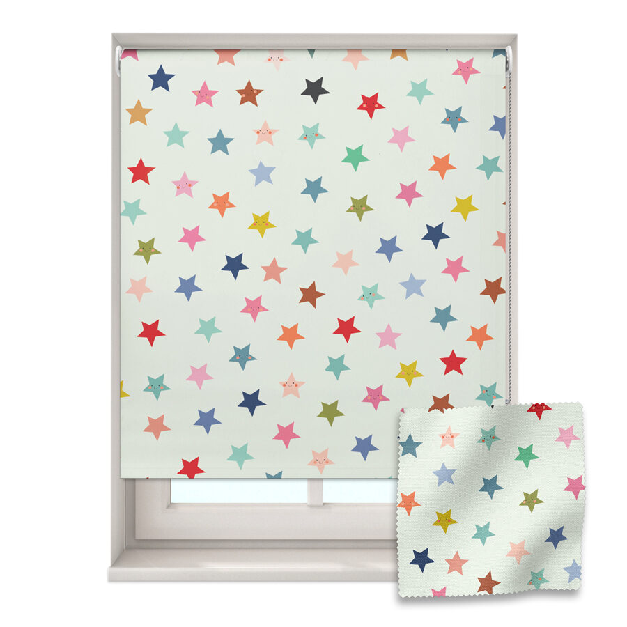 Smiley stars roller blind shown on a window