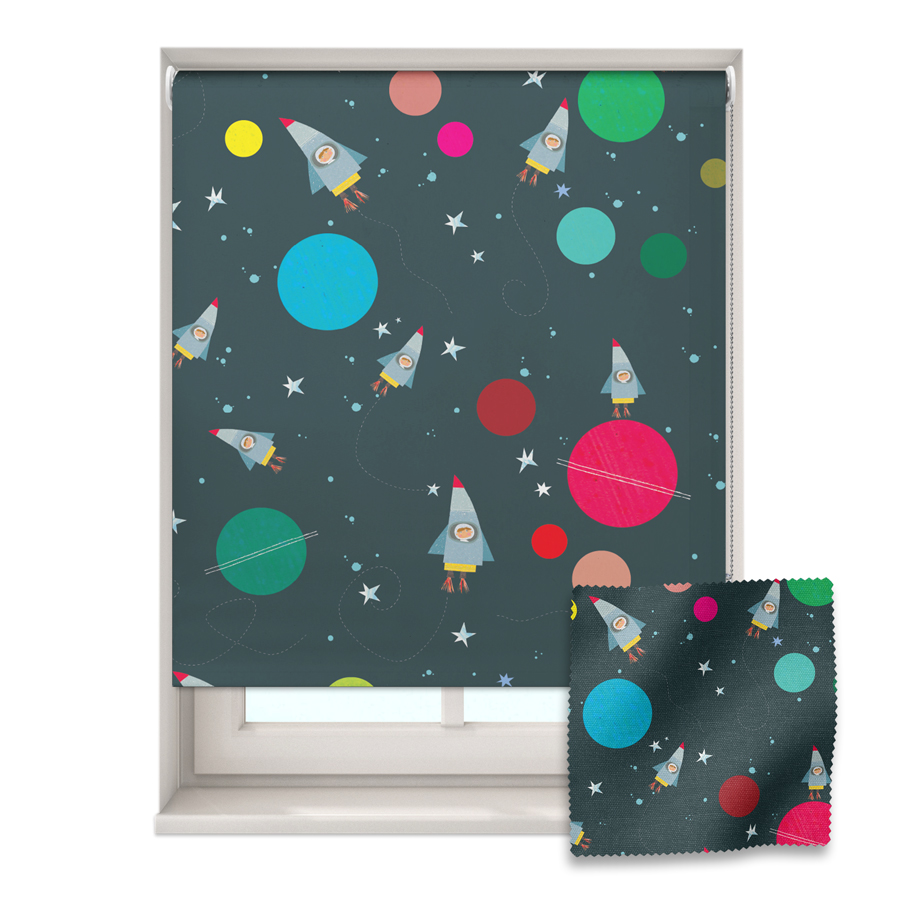 Spacemen roller blind shown on a window