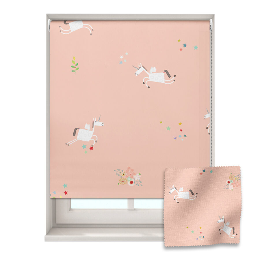 Unicorns roller blind shown on a window