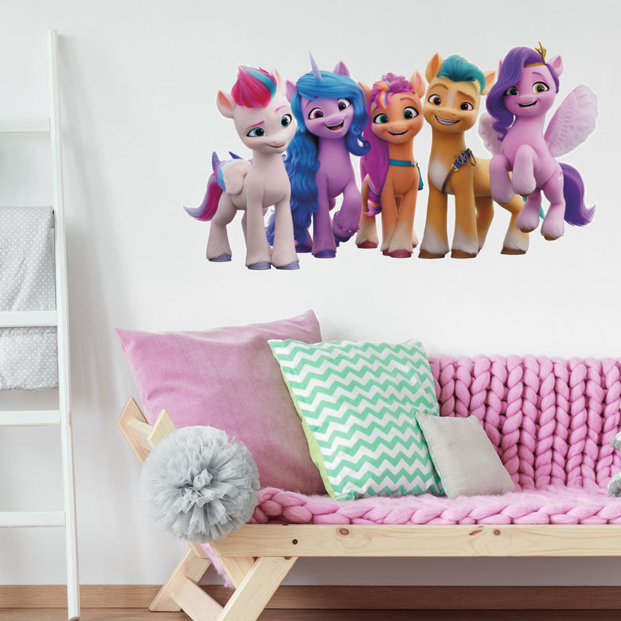 My Little Pony group wall sticker option 2 large shown on a white wall above a pink and teal sofa