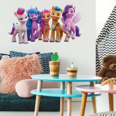 My Little Pony group wall sticker option 2 regular shown on a white wall above a sofa with pink cushions and a blue table