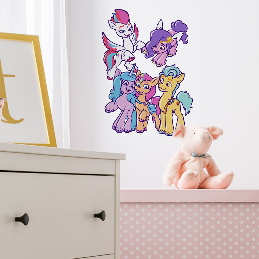 Cute My Little Pony group wall sticker regular shown on a white wall behind a white chest of drawers