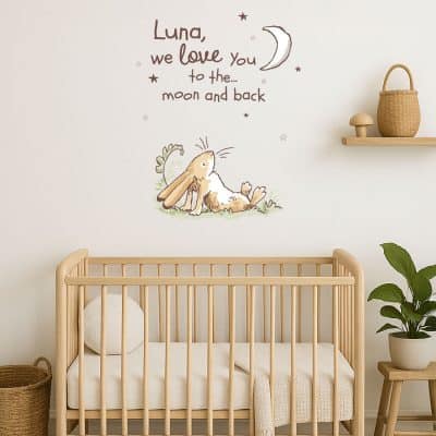 personalised Guess How Much I Love You wall sticker on a baby nursery wall