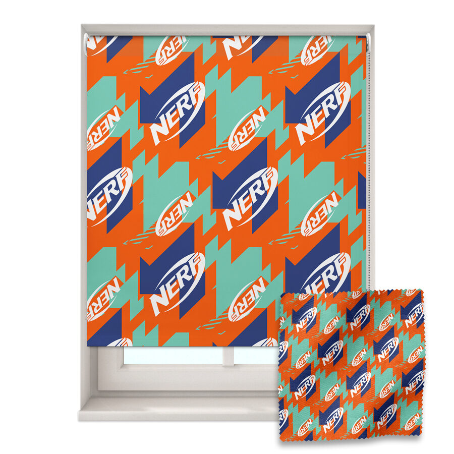 Orange Nerf roller blind shown on a window with a zoom in swatch