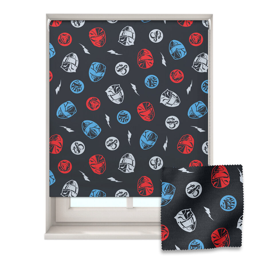 dark power rangers roller blind shown on a window with a zoom in of the material and pattern on the bottom right