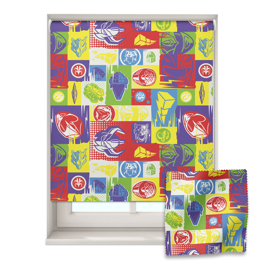 Pop art power rangers roller blind shown on a window with a zoom in of the material and pattern on the bottom right