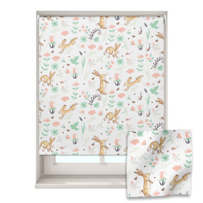 pastel hares roller blind shown on a window with a zoom in of the material and pattern on the bottom right