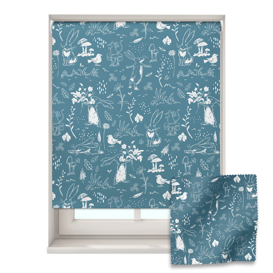 blue sketch hares roller blind shown on a window with a zoom in of the material and pattern on the bottom right