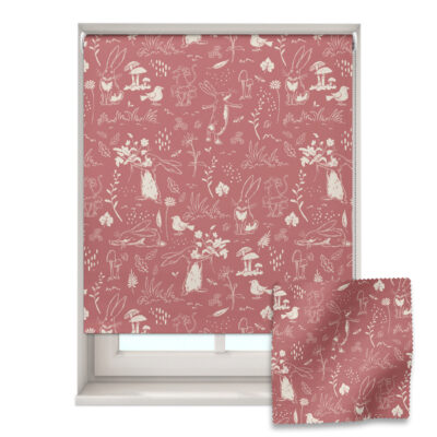 pink sketch hares roller blind shown on a window with a zoom in of the material and pattern on the bottom right