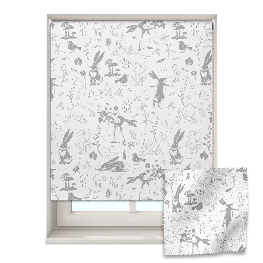 grey sketch hares roller blind shown on a window with a zoom in of the material and pattern on the bottom right