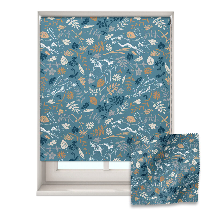 dark blue woodland mix roller blind shown on a window with a zoom in of the material and pattern on the bottom right