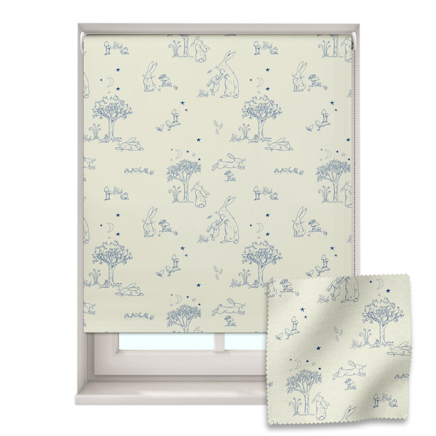 night time hare roller blind shown on a window with a zoom in of the material and pattern on the bottom right