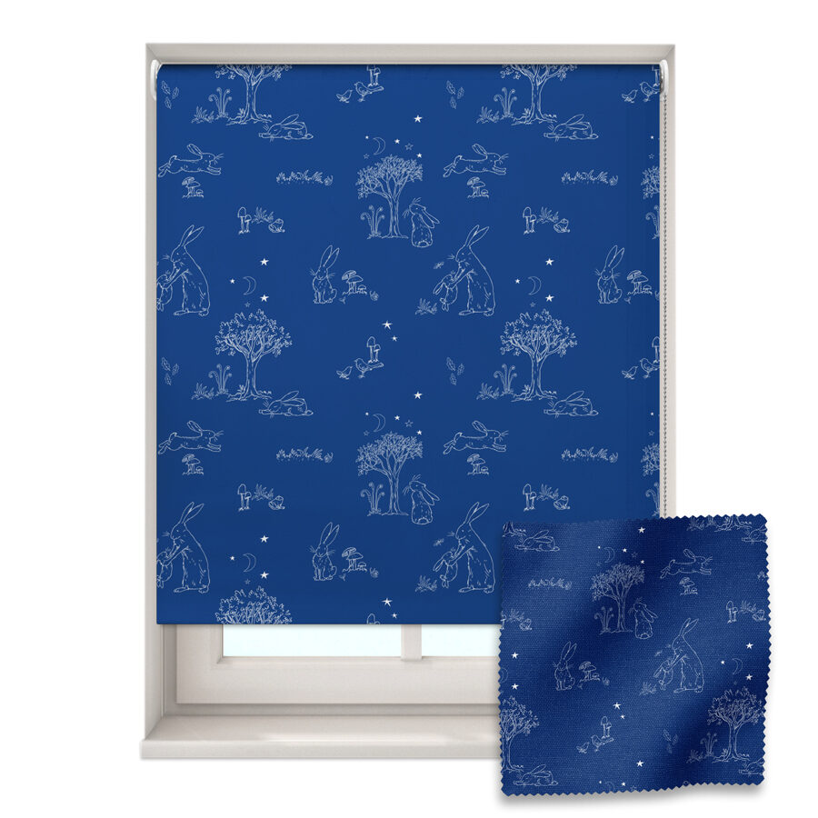 blue night time hare roller blind shown on a window with a zoom in of the material and pattern on the bottom right