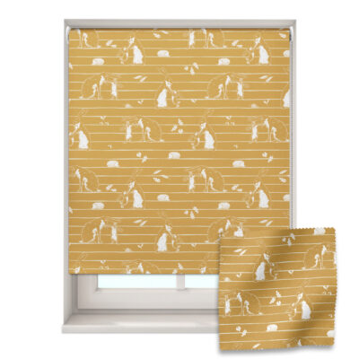 Mustard stripe hares roller blind shown on a window with a zoom in of the material and pattern on the bottom right
