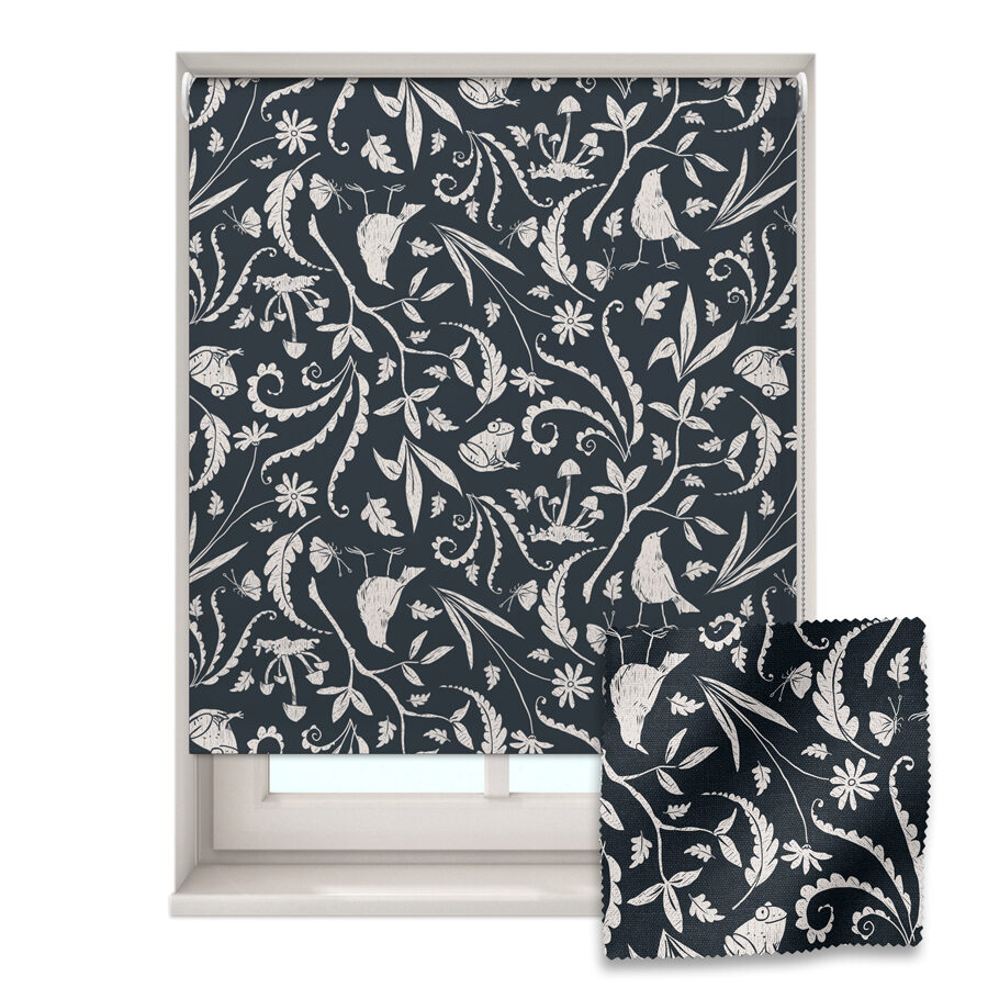 dark forest roller blind shown on a window with a zoom in of the material and pattern on the bottom right