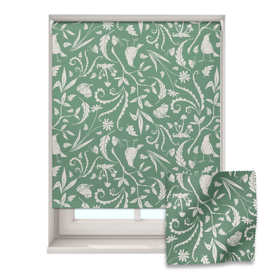 green forest roller blind shown on a window with a zoom in of the material and pattern on the bottom right