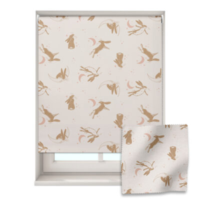 Goodnight hares roller blind shown on a window with a zoom in of the material and pattern on the bottom right