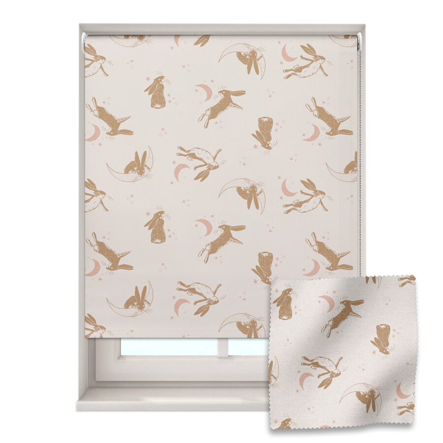Goodnight hares roller blind shown on a window with a zoom in of the material and pattern on the bottom right