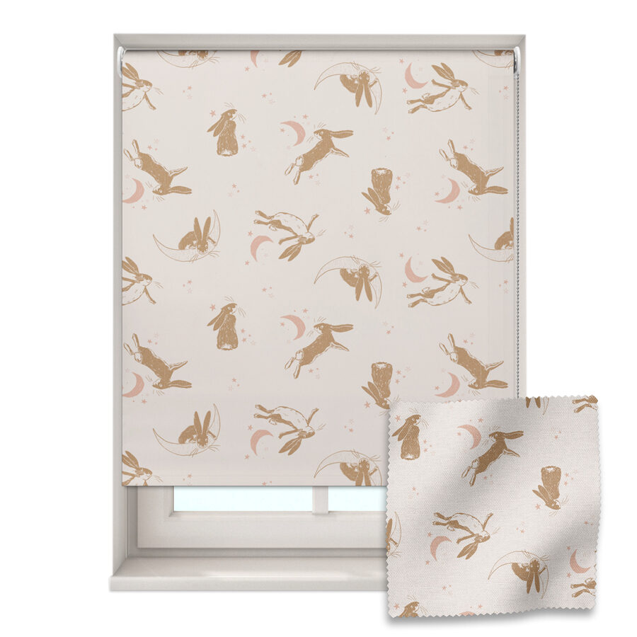 Goodnight hares roller blind shown on a window with a zoom in of the material and pattern on the bottom right