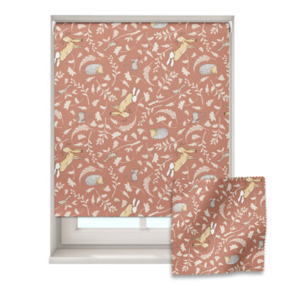 pink hedgehogs & hares roller blind shown on a window with a zoom in of the material and pattern on the bottom right