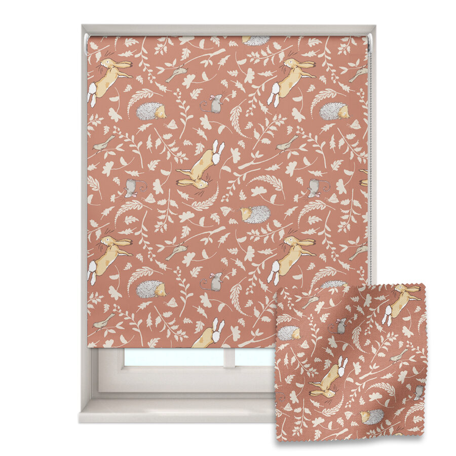 pink hedgehogs & hares roller blind shown on a window with a zoom in of the material and pattern on the bottom right