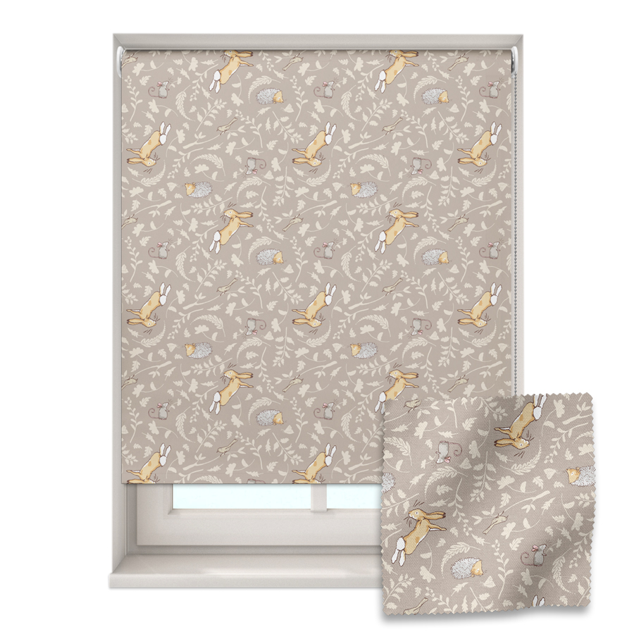 grey hedgehogs & hares roller blind shown on a window with a zoom in of the material and pattern on the bottom right