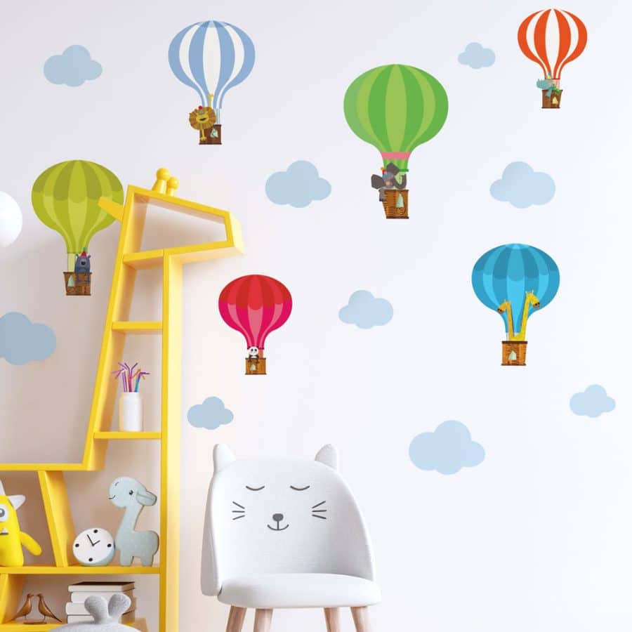 hot air balloon wall sticker pack on a child's bedroom wall with colourful balloons and clouds