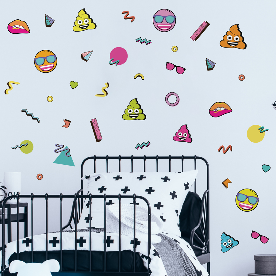 emoji 90's wall sticker pack large on a white wall behind a black bedframe with white and black bedding