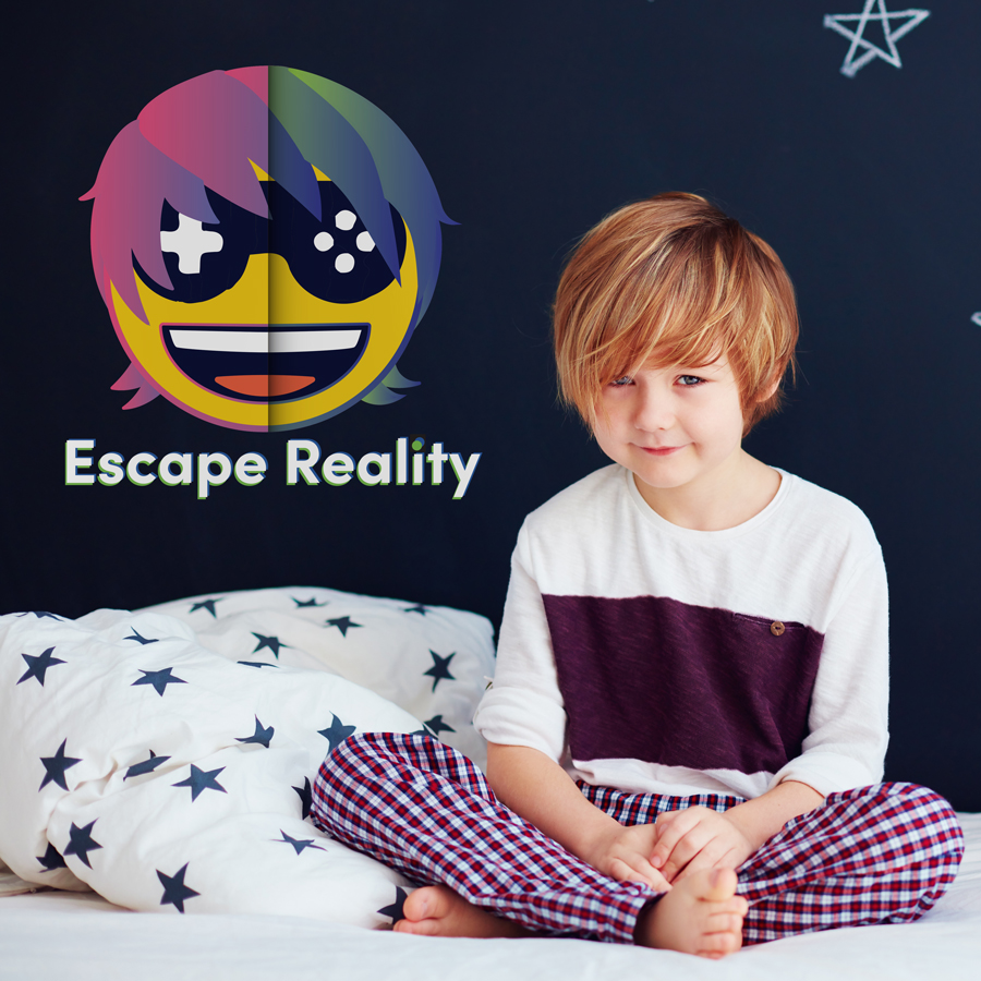 emoji escape reality wall sticker shown on a black wall above white bedding with black stars and a young child