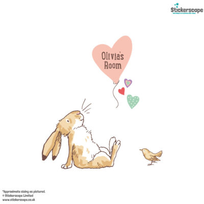 Personalised hare & balloon wall sticker shown on a white background