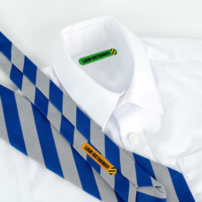Construction name labels on school tie and uniform