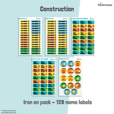 Construction school name labels iron on pack